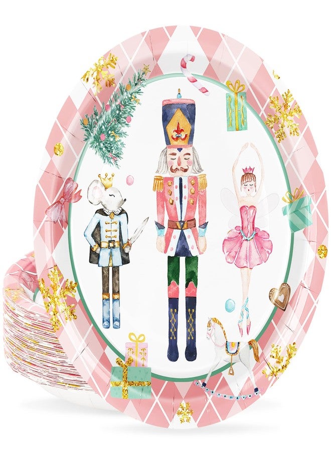 JarThenaAMCS Christmas Paper Plates Pink Nutcracker Plaid Disposable Plates 9 Inch Tableware Dinner Plates for Xmas Winter Home Party Decor, 50Pcs - Image 1