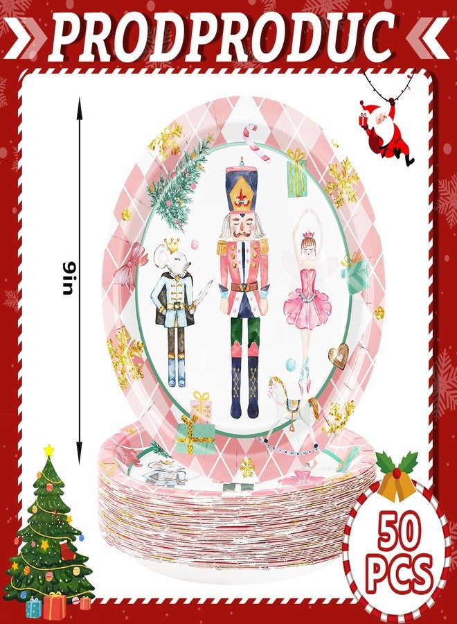 JarThenaAMCS Christmas Paper Plates Pink Nutcracker Plaid Disposable Plates 9 Inch Tableware Dinner Plates for Xmas Winter Home Party Decor, 50Pcs - Image 2