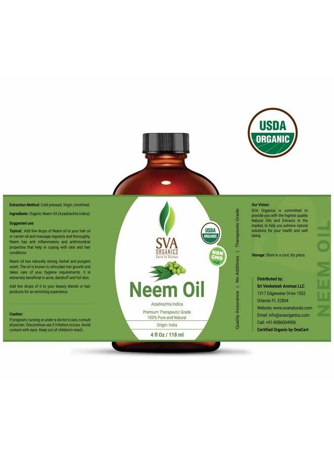 SVA Organics زيت النيم المعتمد من وزارة الزراعة الأمريكية 4 أونصات | رائحة قوية جداً وعشبية | 100% نقي داكن وغير مكرر للنظافة السطحية للبشرة والشعر والتدليك الأيورفيدي للرفاهية العامة.  - Image 3