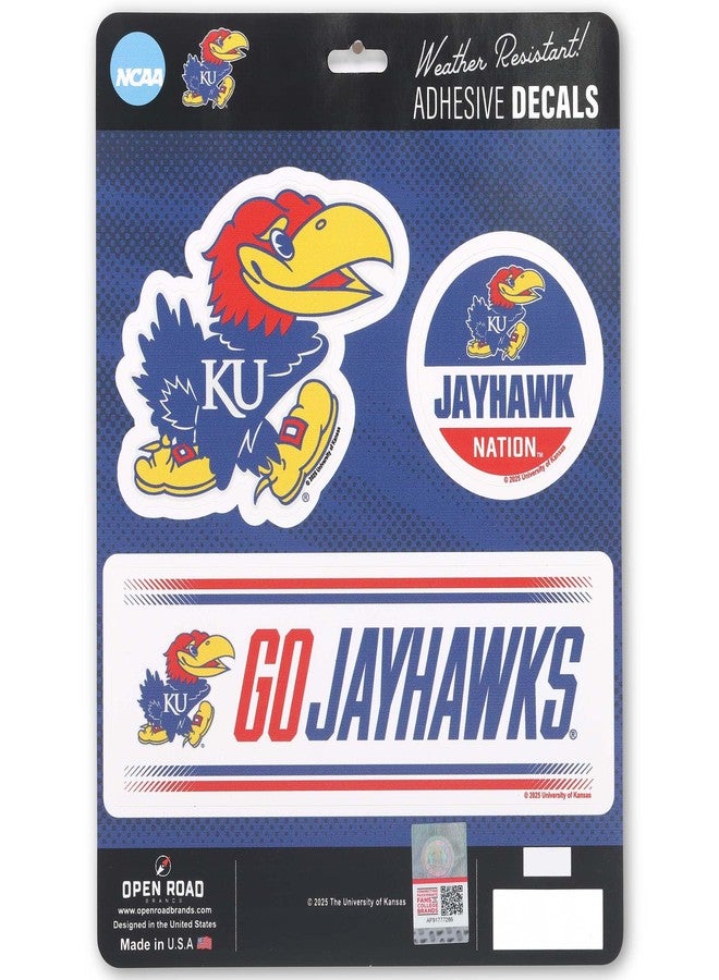 Open Road Brands University of Kansas Team Spirit Adhesive Vinyl Decals - Fun Set of KU Stickers for Car, Window or Laptop, 1 Pack (3 Count) - Image 1
