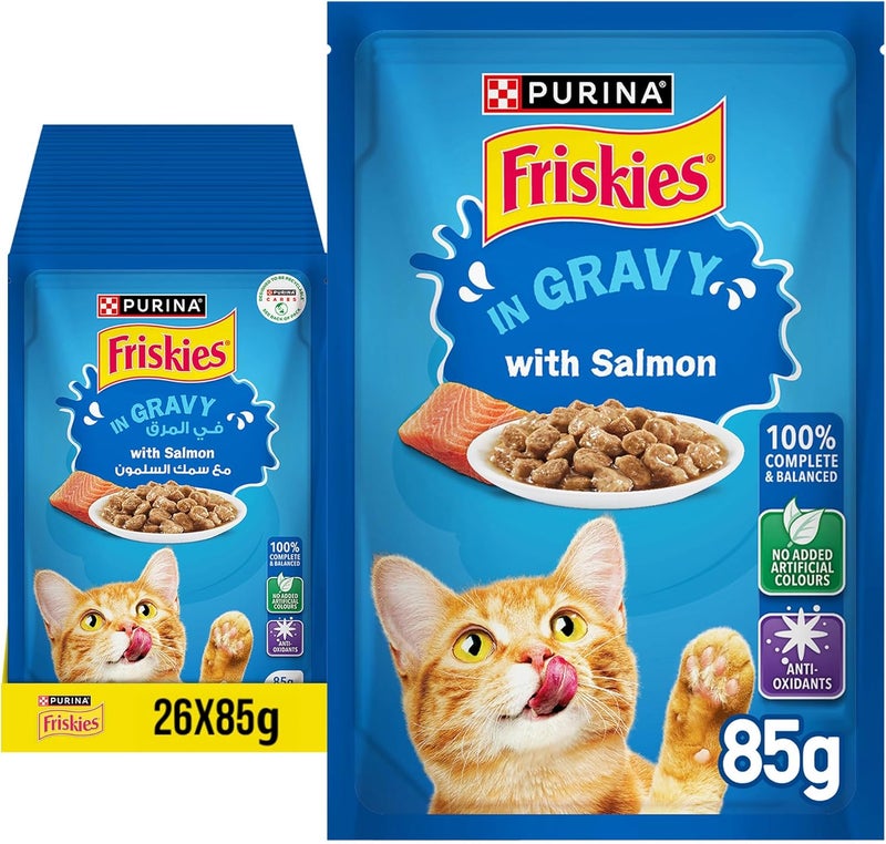Friskies Purina Friskies Salmon Chunks In Gravy Wet Cat Food Pouch, 26 X 85 G, Yellow - Image 1