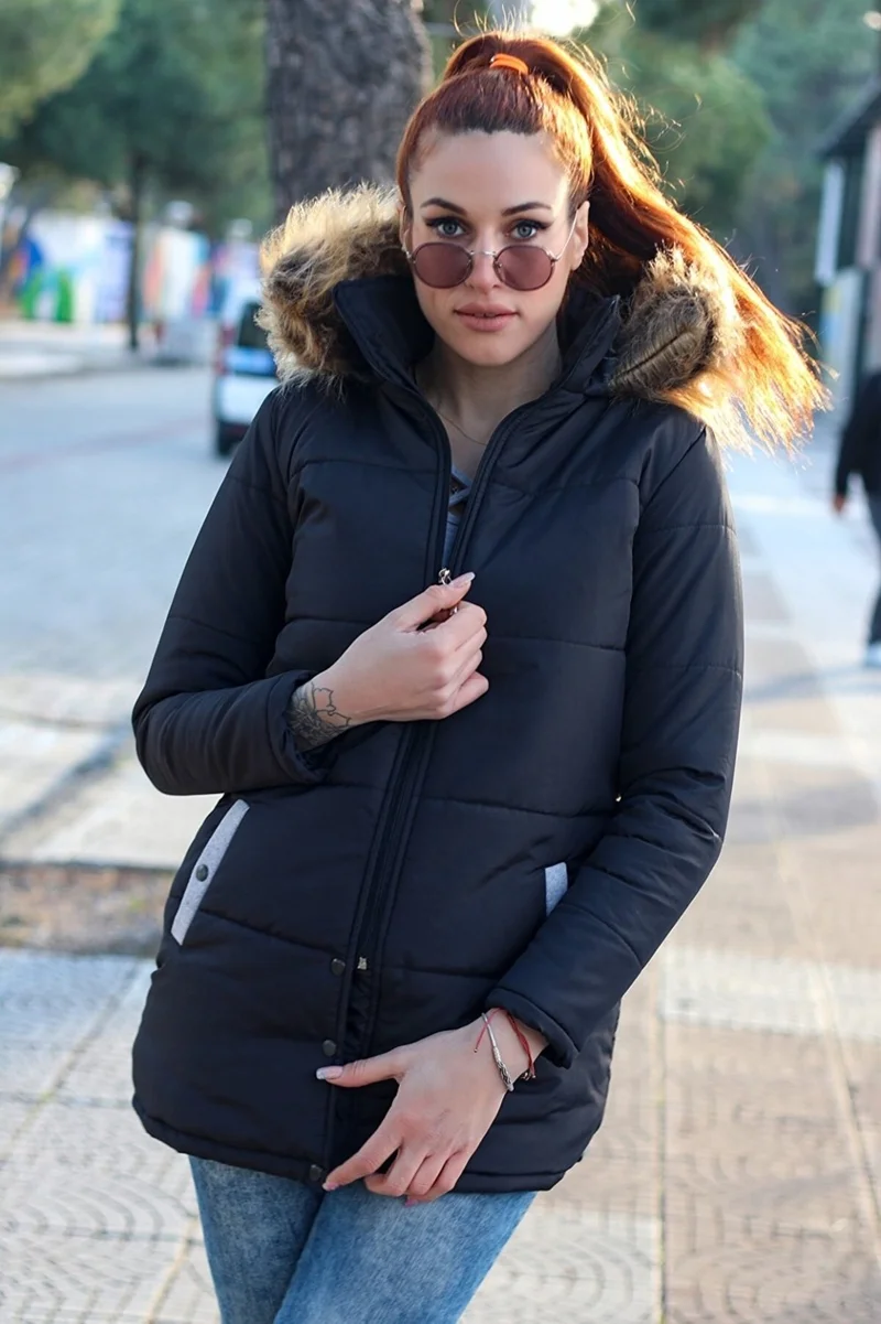 باربورا Winter Fur Collar Women's Puffer Coat TR7112BLACK