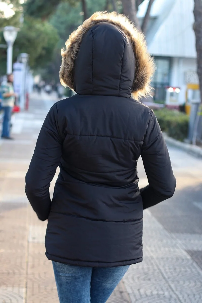 باربورا Winter Fur Collar Women's Puffer Coat TR7112BLACK