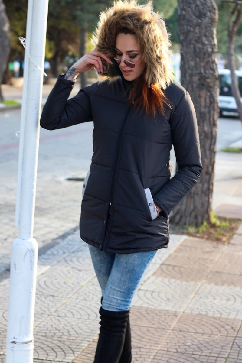 باربورا Winter Fur Collar Women's Puffer Coat TR7112BLACK