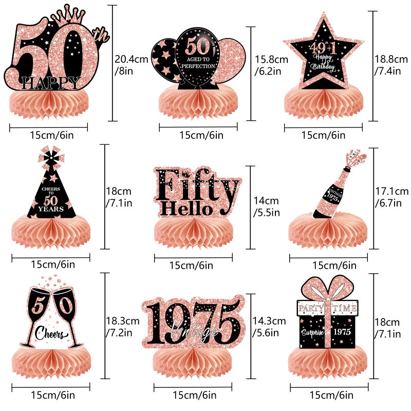 MOORAY 9Pcs 50th Birthday Decorations Honeycomb Centerpieces for Women, Rose Gold Pink Happy 50th Birthday Centerpieces Tables Toppers Party Decorations Supplies, Vintage 1975 Aged Birthday Table Sign Decor - Image 2