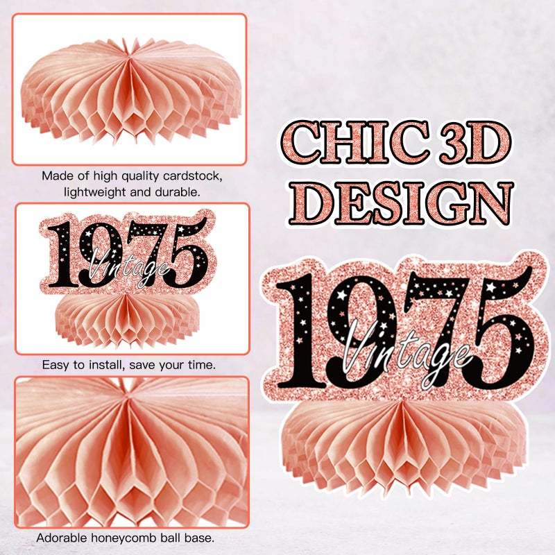 MOORAY 9Pcs 50th Birthday Decorations Honeycomb Centerpieces for Women, Rose Gold Pink Happy 50th Birthday Centerpieces Tables Toppers Party Decorations Supplies, Vintage 1975 Aged Birthday Table Sign Decor - Image 3