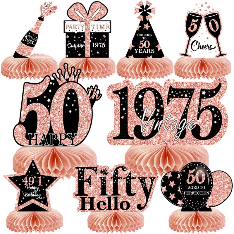 MOORAY 9Pcs 50th Birthday Decorations Honeycomb Centerpieces for Women, Rose Gold Pink Happy 50th Birthday Centerpieces Tables Toppers Party Decorations Supplies, Vintage 1975 Aged Birthday Table Sign Decor - Image 1