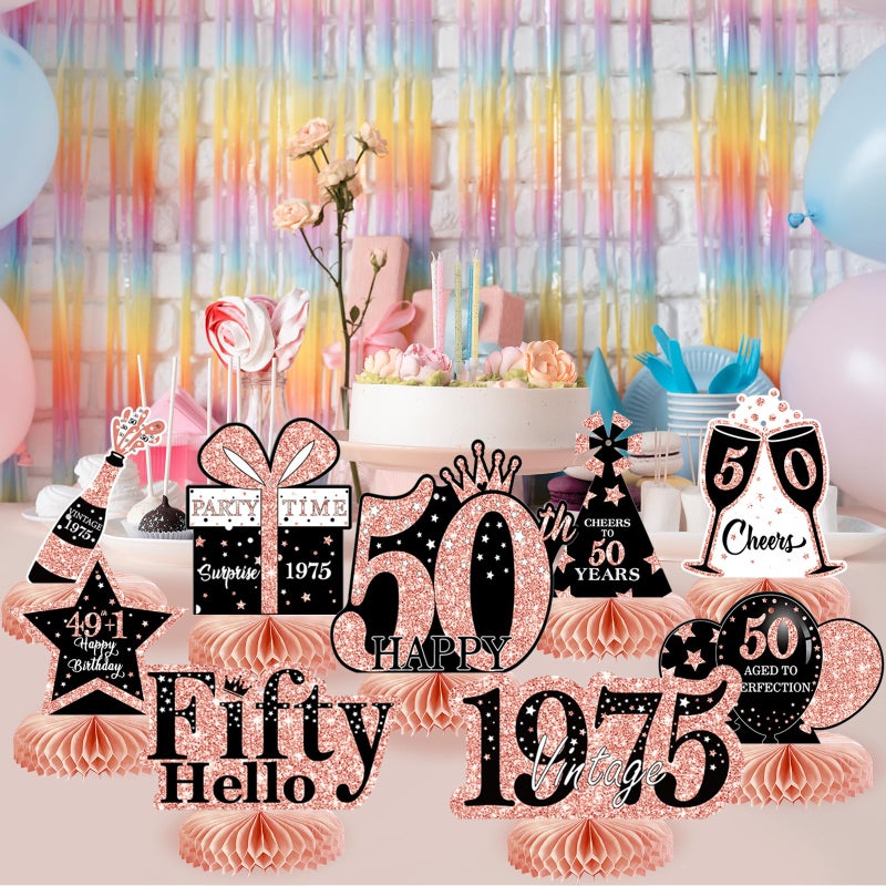 MOORAY 9Pcs 50th Birthday Decorations Honeycomb Centerpieces for Women, Rose Gold Pink Happy 50th Birthday Centerpieces Tables Toppers Party Decorations Supplies, Vintage 1975 Aged Birthday Table Sign Decor - Image 5