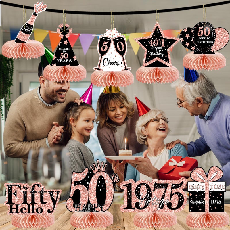 MOORAY 9Pcs 50th Birthday Decorations Honeycomb Centerpieces for Women, Rose Gold Pink Happy 50th Birthday Centerpieces Tables Toppers Party Decorations Supplies, Vintage 1975 Aged Birthday Table Sign Decor - Image 4