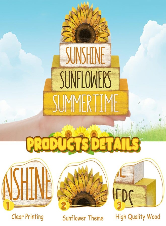 Burbell 4 Pcs Sunflower Table Decorations Sunflower Tiered Tray Decor Farmhouse Rustic Table Decor Books Stack Signs Block for Home Office Decorations - Image 3
