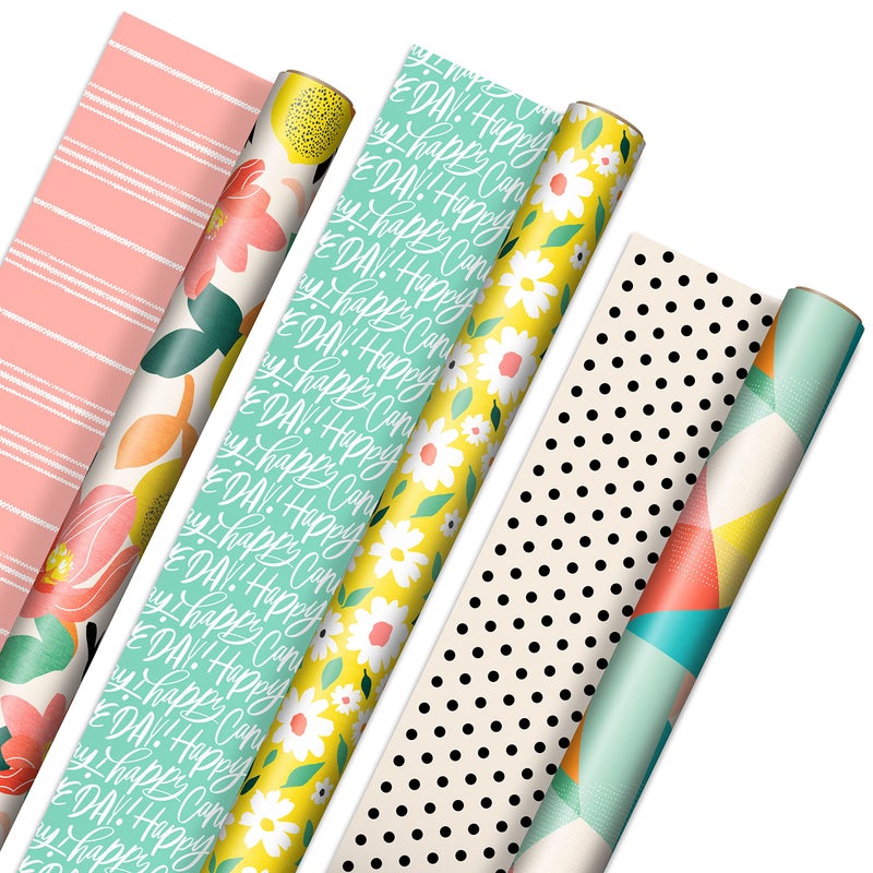 Hallmark Reversible Spring Wrapping Paper (3 Rolls: 75 Sq. Ft. Ttl) Floral, Lemons, Bright Abstract for Easter, Birthdays, Mother's Day, Bridal Showers, Baby Showers - Image 1