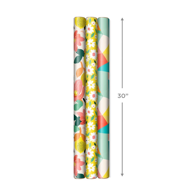 Hallmark Reversible Spring Wrapping Paper (3 Rolls: 75 Sq. Ft. Ttl) Floral, Lemons, Bright Abstract for Easter, Birthdays, Mother's Day, Bridal Showers, Baby Showers - Image 3