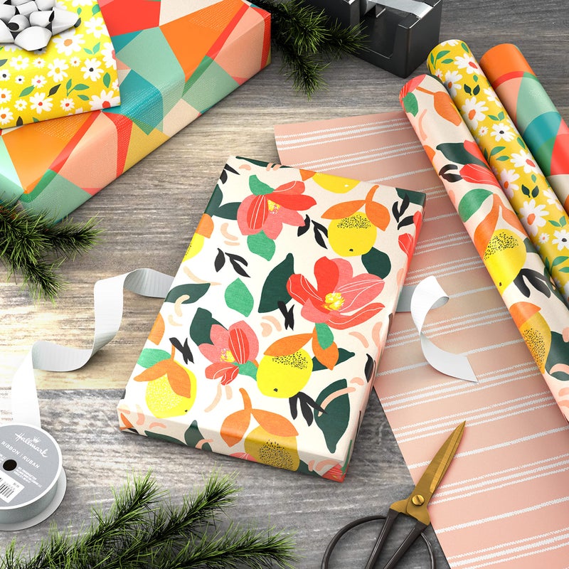 Hallmark Reversible Spring Wrapping Paper (3 Rolls: 75 Sq. Ft. Ttl) Floral, Lemons, Bright Abstract for Easter, Birthdays, Mother's Day, Bridal Showers, Baby Showers - Image 2