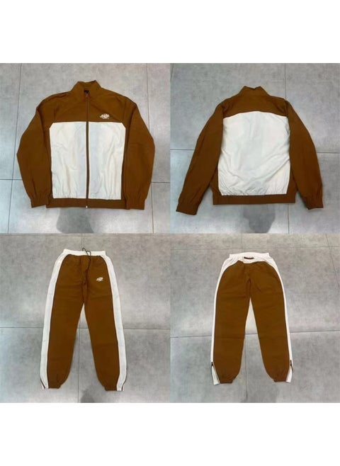 Syna Drill Style American Style Street Hip Hop Embroidered Logo Stitching Collar Windbreaker Jacket Casual Pants suit brown suit