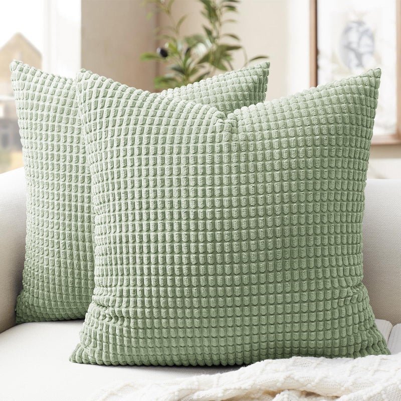 Softalker Throw Pillow Covers 18x18 Inch, Set of 2, Soft Corduroy Boho Stripe Decorative Pillow Cover, Couch Fluffy Pillow Cover for Farmhouse Home Decor Bed Living Room, Sage Green - Image 1