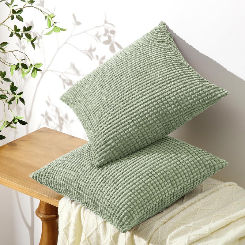 Softalker Throw Pillow Covers 18x18 Inch, Set of 2, Soft Corduroy Boho Stripe Decorative Pillow Cover, Couch Fluffy Pillow Cover for Farmhouse Home Decor Bed Living Room, Sage Green - Image 3