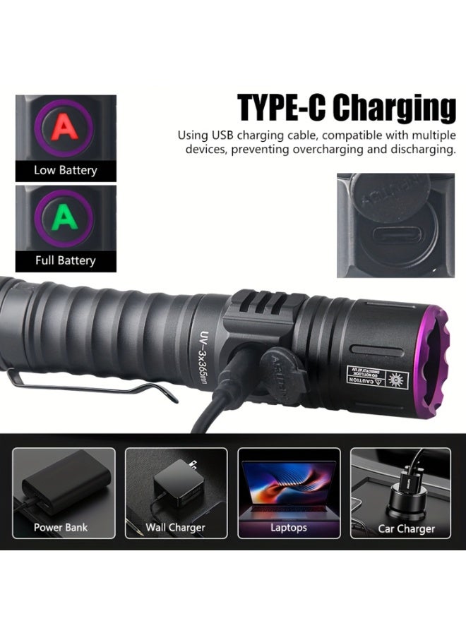 Two 365nm Uv Led Flashlights, Usb Rechargeable, Suitable For Animal Urine Testing, Anti-Counterfeiting Identification, Mineral, Jewelry And Jade Testing. Equipped With 18650 Batteries And Type-C Port. - Image 4