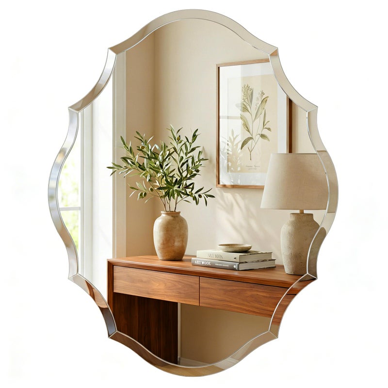 Pocetry مرآة بيضاوية بدون إطار بحواف متموجة 22"x28"، مرآة زينة عتيقة مع دعم صلب، يمكن تعليقها عمودياً أو أفقياً، مرآة حائط بحافة مائلة لغرفة البودرة ومدخل المنزل - Image 1