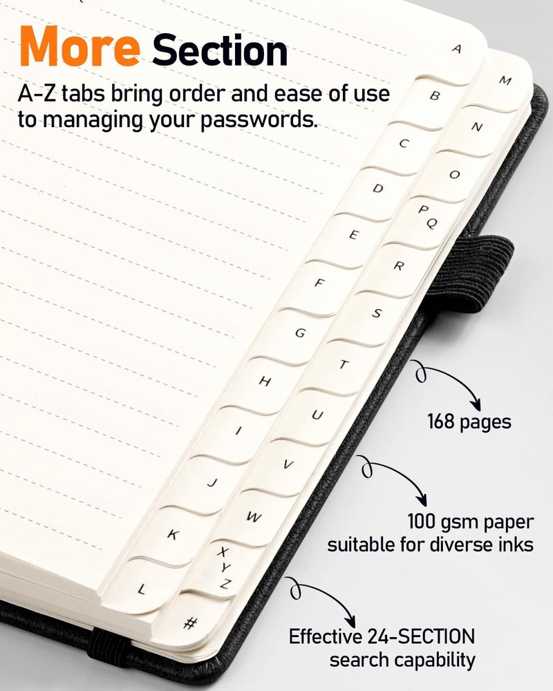 WEMATE Password Book with Alphabetical Tabs, Spiral Password Keeper Book for Seniors, Internet Password Notebook Password Journal Logbook Log in Detail, Small â€“ 4.7''x 6'' (Black) - Image 4