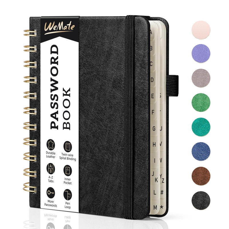 WEMATE Password Book with Alphabetical Tabs, Spiral Password Keeper Book for Seniors, Internet Password Notebook Password Journal Logbook Log in Detail, Small â€“ 4.7''x 6'' (Black) - Image 1