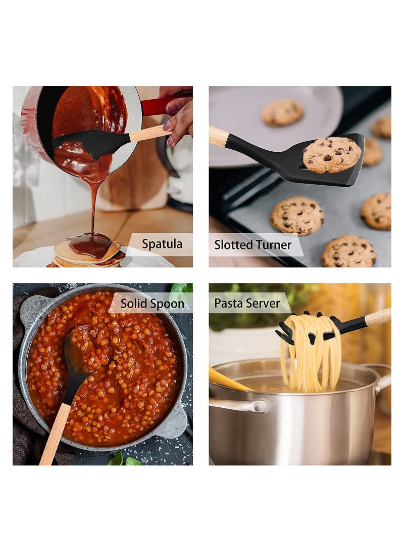 12-Piece Silicone Kitchen Utensil Set with Wooden Handles