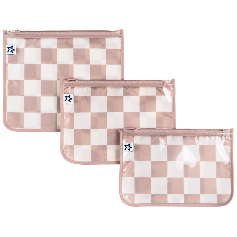 Tiny Twinkle Diaper Bag Organizing Pouches | 3 Pack Mess-Proof Clear Front Travel Organizer Bags & TSA Approved Toiletry Bag Set for Baby and Mom Essentials (Beige Checkers) - Image 1