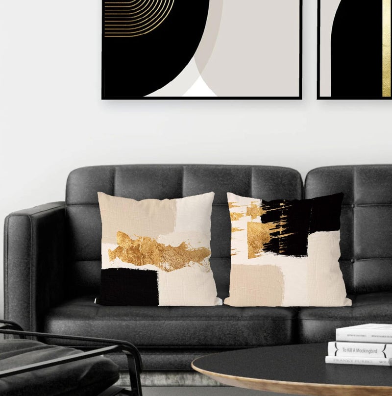 Supwhd Black Beige Gold Pillow Covers, Abstract Black and Gold Pillow Covers 18x18 Set of 2, Modern Boho Home Decor, Black and Gold Pillows Decorative Throw Pillows for Couch Living Room Bedroom - Image 2