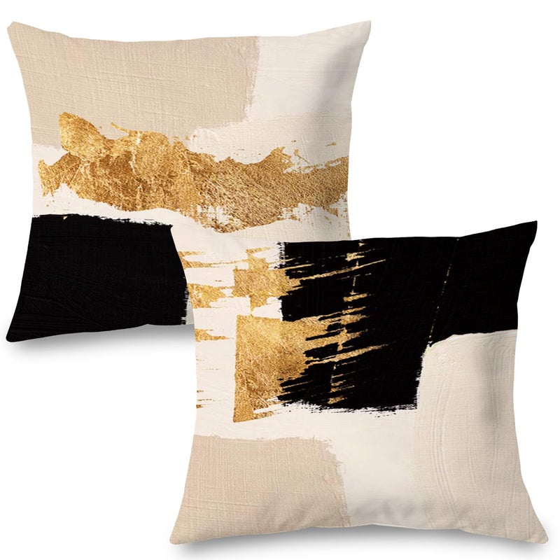 Supwhd Black Beige Gold Pillow Covers, Abstract Black and Gold Pillow Covers 18x18 Set of 2, Modern Boho Home Decor, Black and Gold Pillows Decorative Throw Pillows for Couch Living Room Bedroom - Image 1