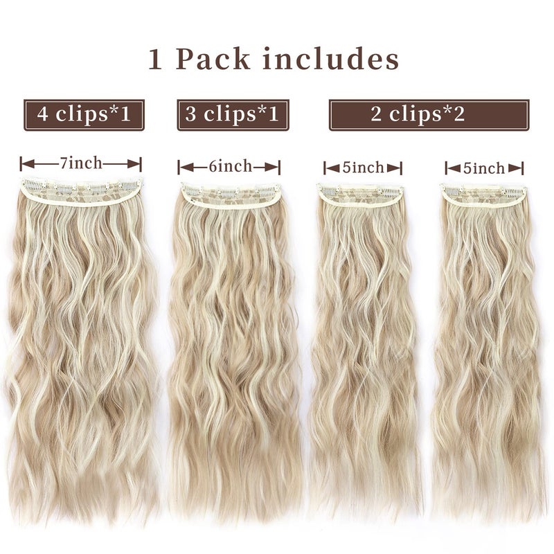 LEEONS Clip in Natural Hair Extensions Long Wavy 4PCS Thick Hairpieces Dark Ash Blonde Mixed Bleach Blonde Double Weft Synthetic 20 Inch for Women (4pcs, 20Inch, 16H613#) - Image 2