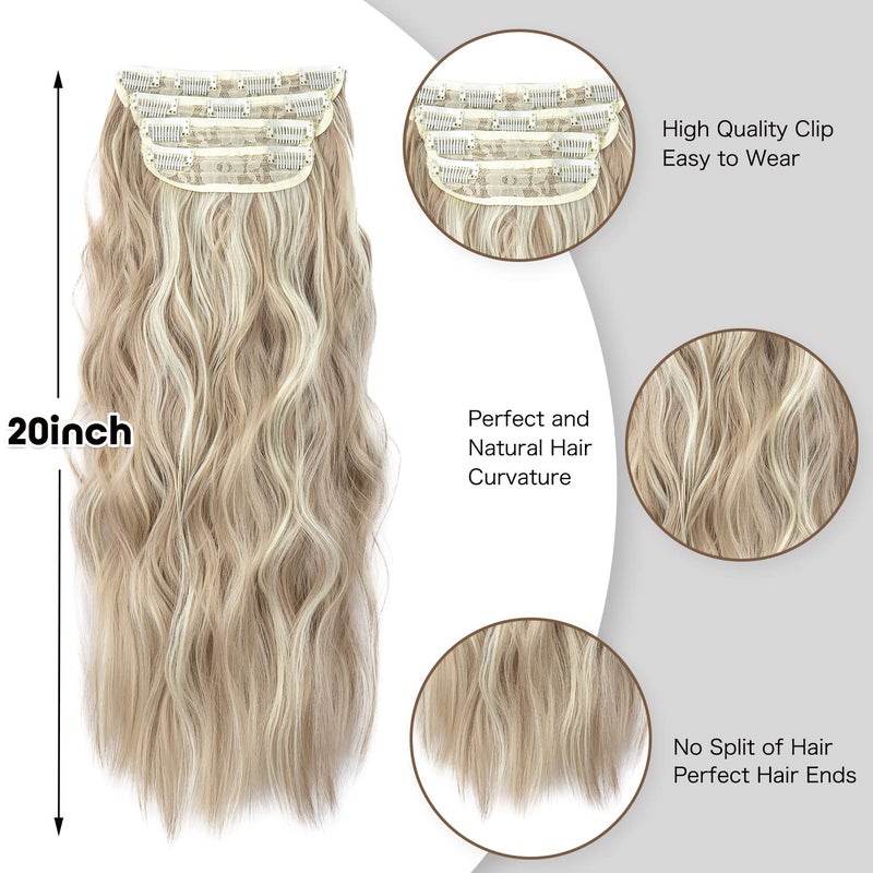 LEEONS Clip in Natural Hair Extensions Long Wavy 4PCS Thick Hairpieces Dark Ash Blonde Mixed Bleach Blonde Double Weft Synthetic 20 Inch for Women (4pcs, 20Inch, 16H613#) - Image 4