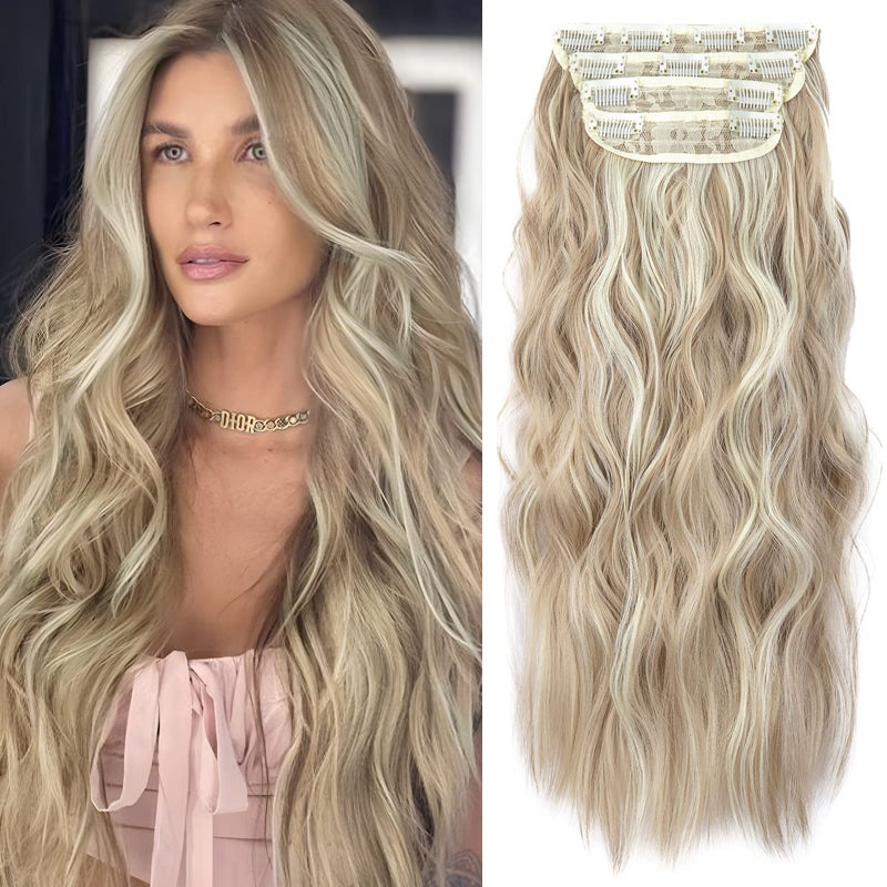 LEEONS Clip in Natural Hair Extensions Long Wavy 4PCS Thick Hairpieces Dark Ash Blonde Mixed Bleach Blonde Double Weft Synthetic 20 Inch for Women (4pcs, 20Inch, 16H613#) - Image 1