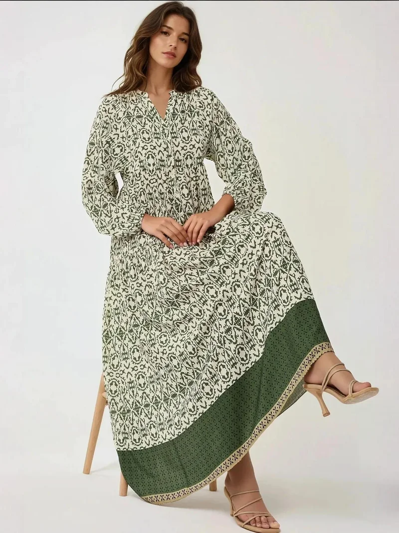 HICCUP Printed Maxi Dress with Shirt Collar