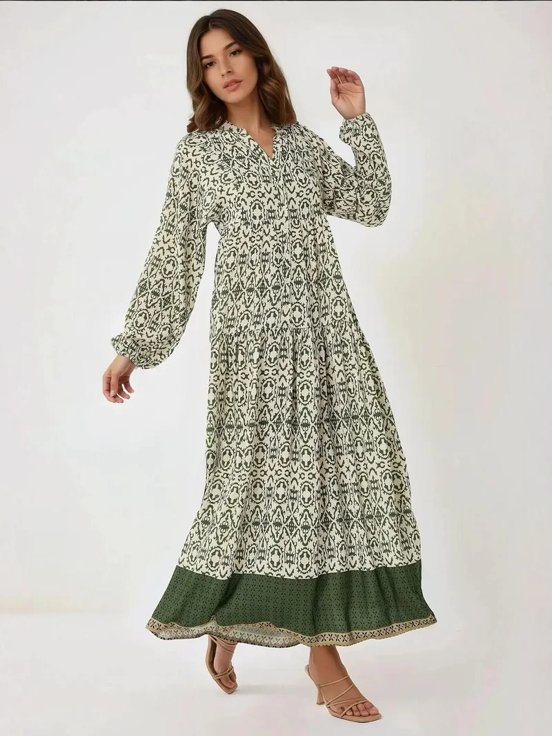 Mai Collection Printed Maxi Dress with Shirt Collar