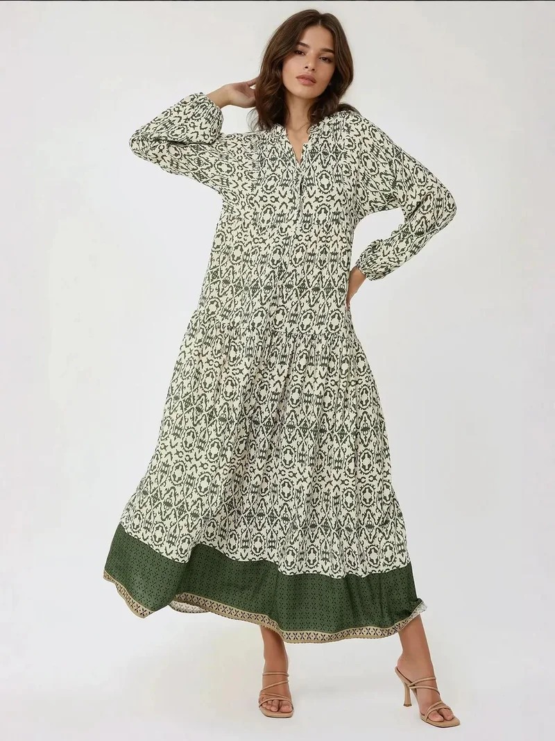 HICCUP Printed Maxi Dress with Shirt Collar