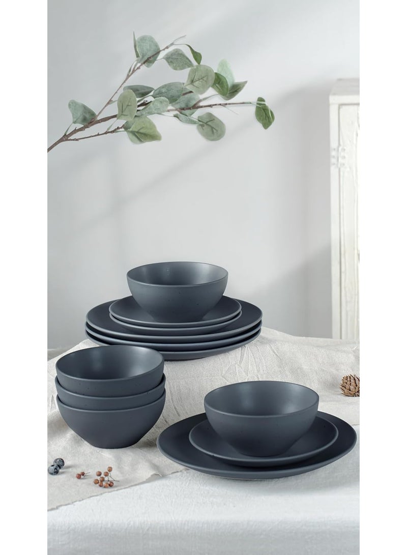 Famiware Moon 12 Piece Stoneware Dinnerware Set, Set for 4, Speckled Design with Matte Finish, Scratch Resistant, Microwave & Dishwasher Safe, Charcoal  - Image 3
