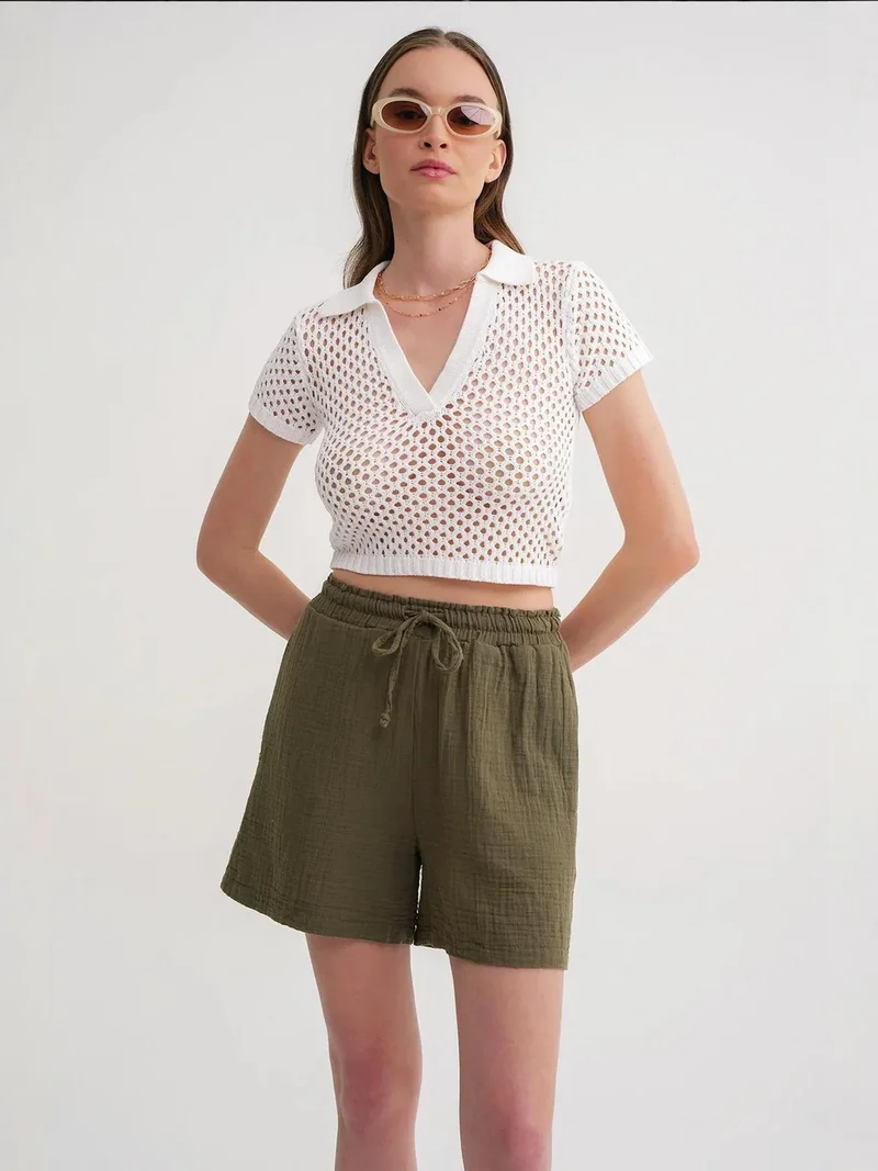 MixRay Khaki Green Mixray High-Waisted Textured Cotton Shorts for Women | Best Price UAE