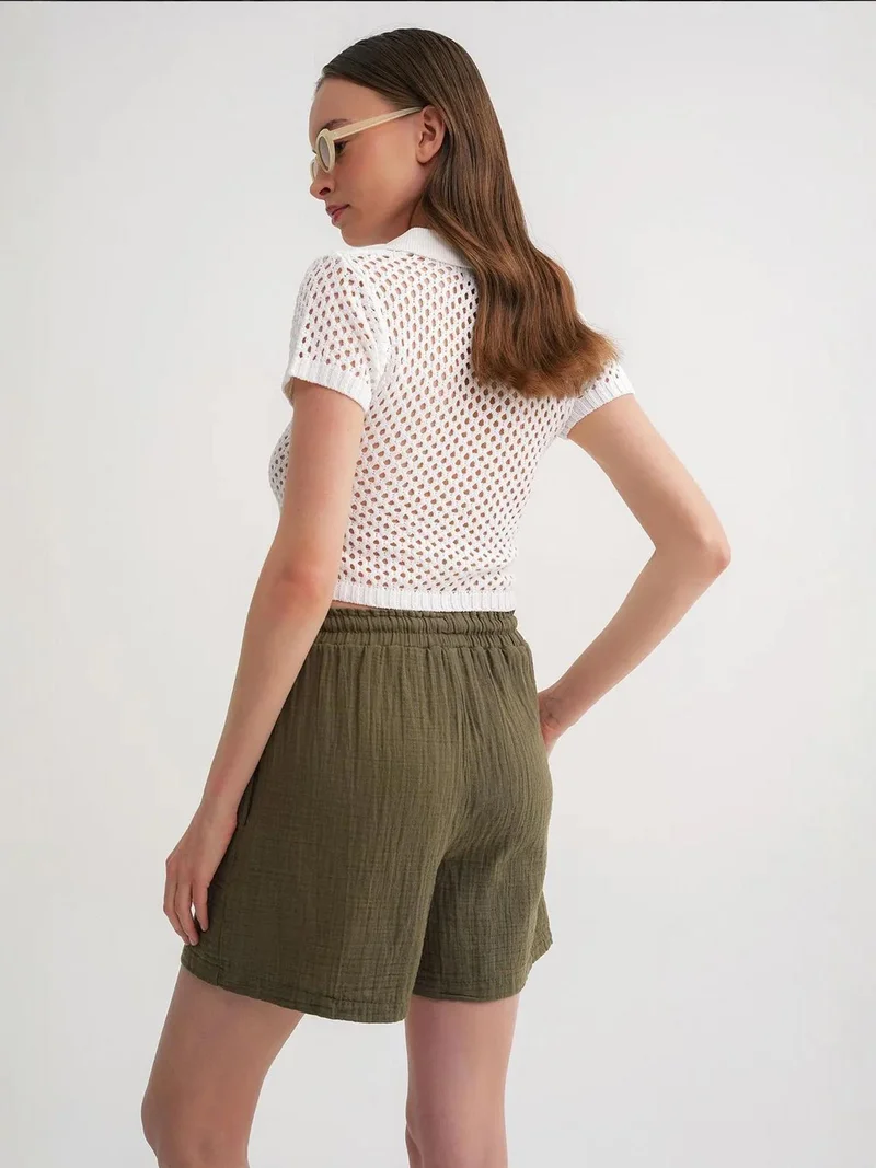 MixRay Khaki Green Mixray High-Waisted Textured Cotton Shorts for Women | Best Price UAE