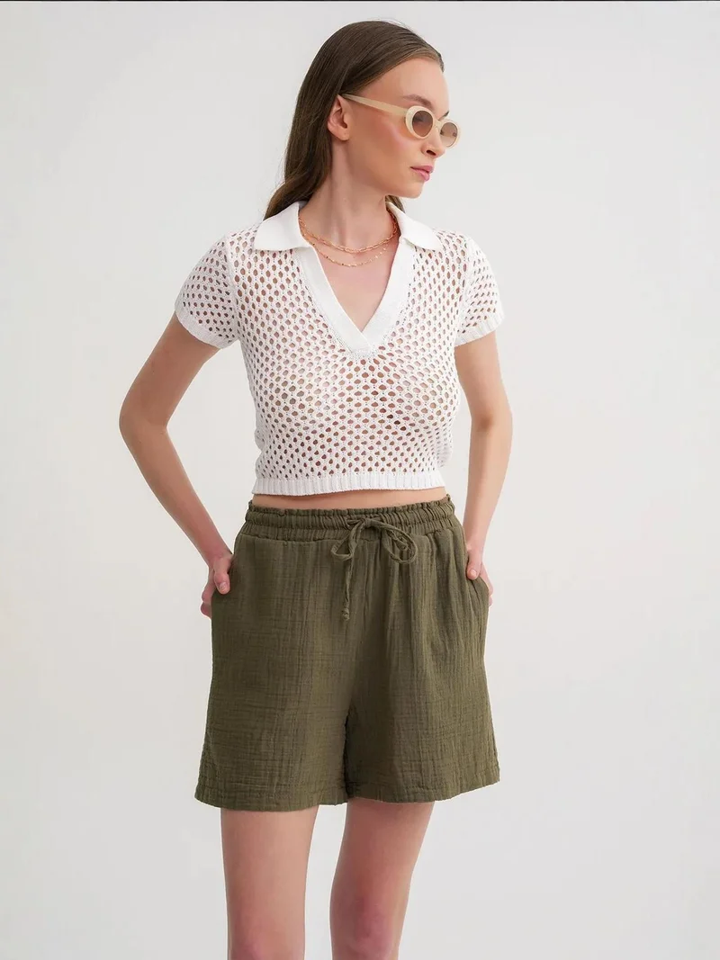 MixRay Khaki Green Mixray High-Waisted Textured Cotton Shorts for Women | Best Price UAE