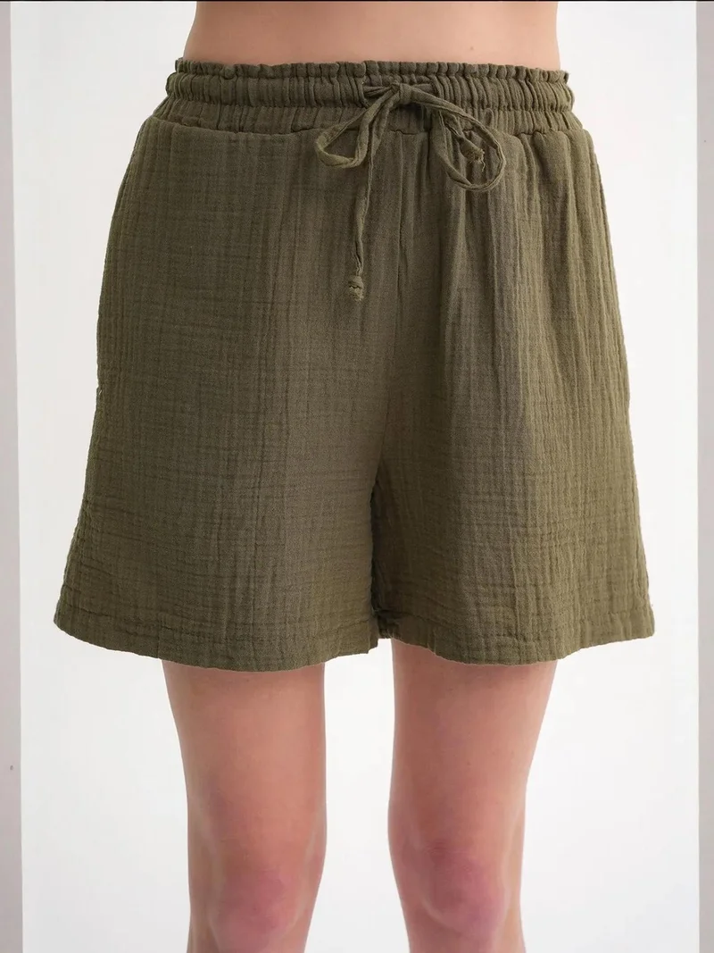MixRay Khaki Green Mixray High-Waisted Textured Cotton Shorts for Women | Best Price UAE