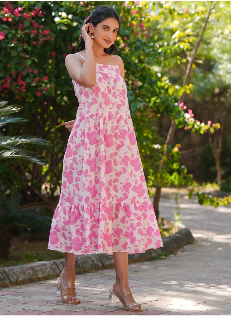 kolaba Pink Cotton Abstract Printed Calf Length Dress