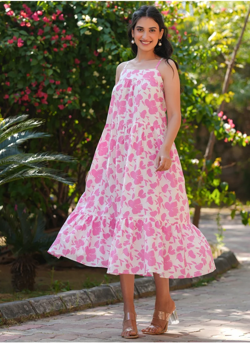 kolaba Pink Cotton Abstract Printed Calf Length Dress