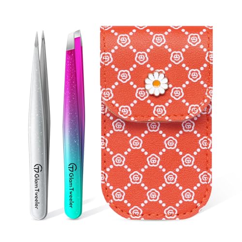 GlamTweeler Expert Slant and Point Tip Tweezer Set with Exclusive Travel Case GlamTweeler Sharp Precision Tweezer Set for Eyebrows Facial Hairs Fine Hairs Removal Sparkle Purple Turquoise Silver - Image 1