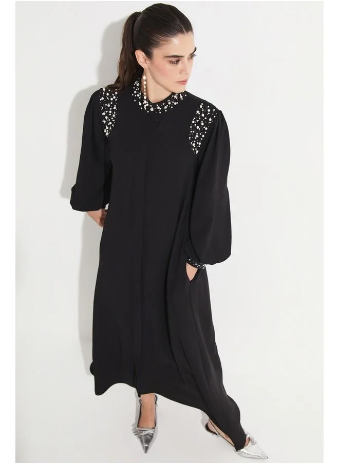 جون June Stone Detailed Judge Neck  Dress Black