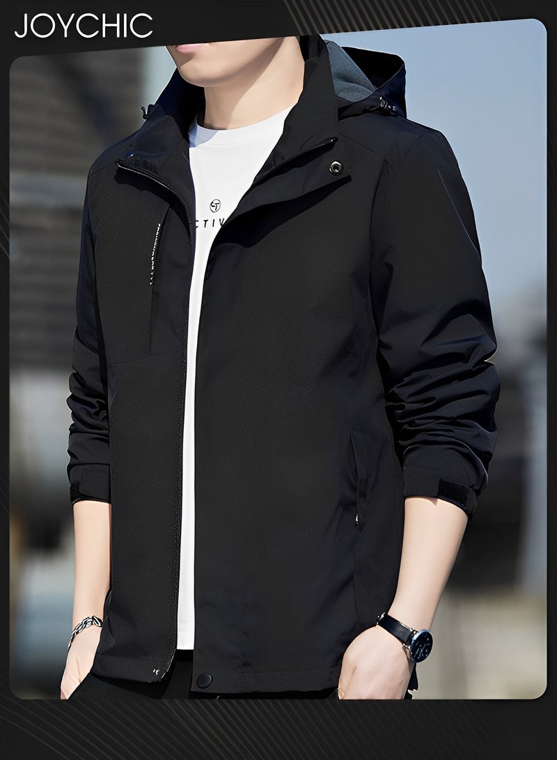 Joychic Solid Pattern Autumn and Winter Men Jacket Hooded Casual Sports Windproof Zipper Coat with Cap Outdoor Black - Image 1