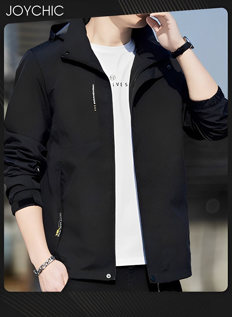Joychic Solid Pattern Autumn and Winter Men Jacket Hooded Casual Sports Windproof Zipper Coat with Cap Outdoor Black - Image 2