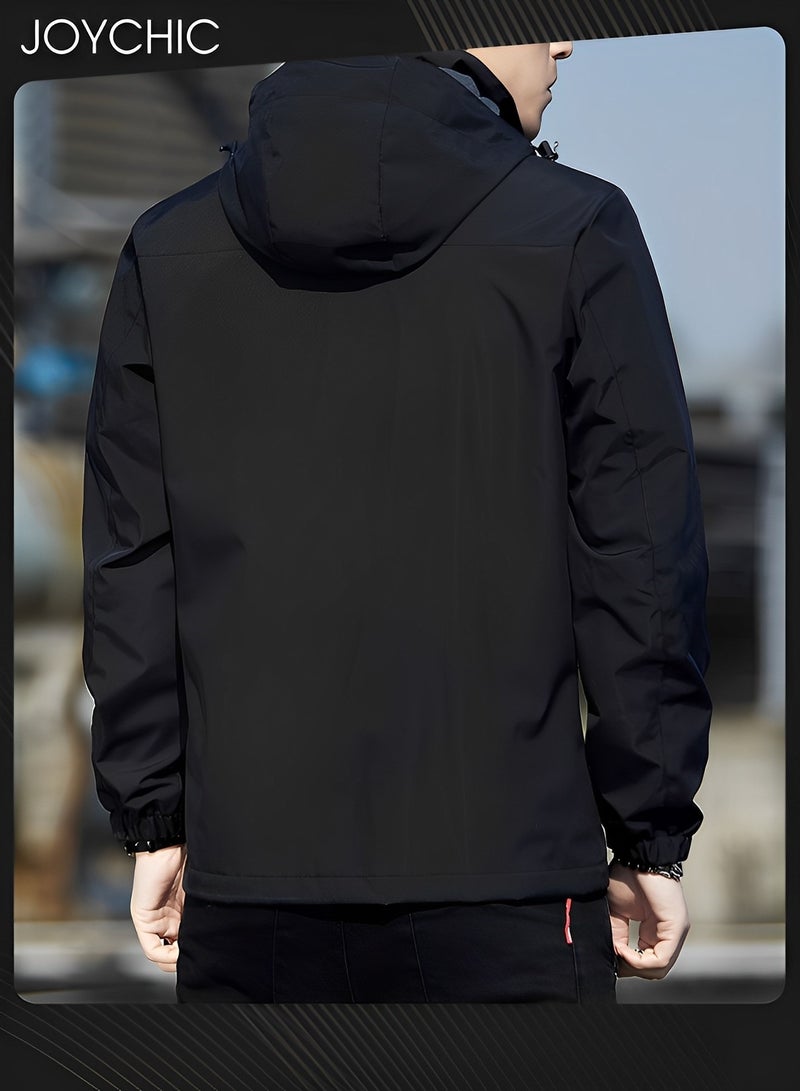 Joychic Solid Pattern Autumn and Winter Men Jacket Hooded Casual Sports Windproof Zipper Coat with Cap Outdoor Black - Image 3