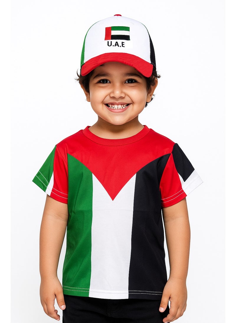 المنزل الذكي هوم سمارت تيشيرت علم اليوم الوطني مع قبعة للأطفال احتفل باليوم الوطني لدولة الإمارات العربية المتحدة بأناقة الزي الوطني لدولة الإمارات العربية المتحدة للمناسبات الوطنية الاحتفالية - Image 1