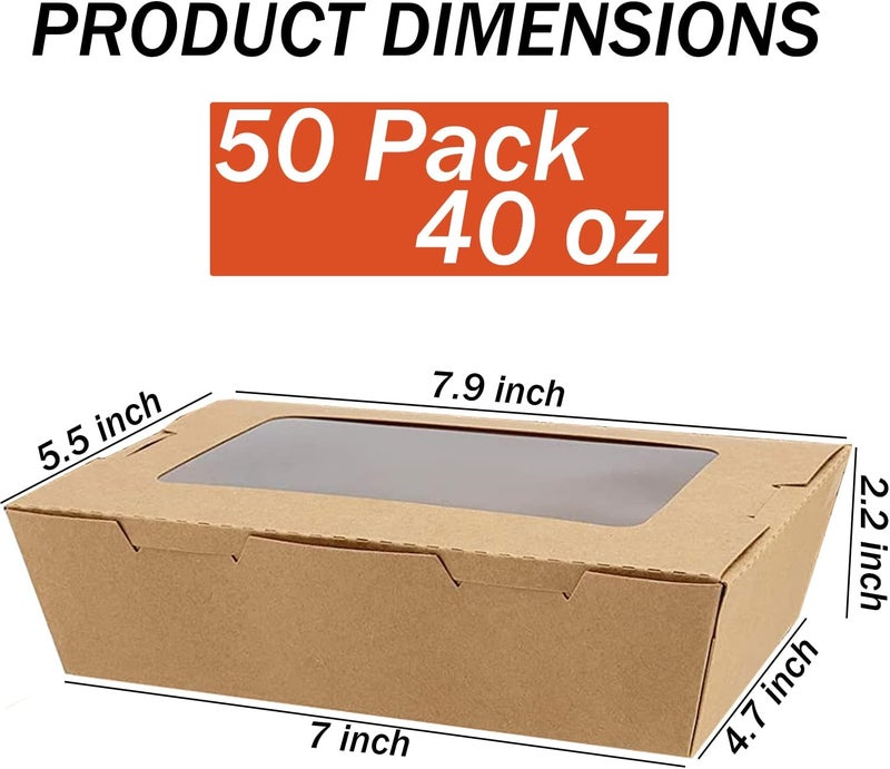 Cezoyx 50 Pack Take Out Food Containers with Window, 40 Oz Disposable Brown Paper Food To Go Box Kraft Lunch Meal Food Boxes for Restaurant, Catering, Party, Concession Stand, Picnic - Image 2