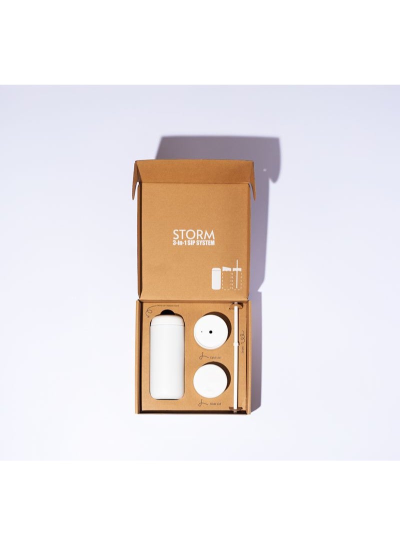 ستورم كوب حراري معزول من السيراميك مصنوع من الفولاذ المقاوم للصدأ بسعة 473 مل، يحافظ على السخونة والبرودة مع 3 أغطية وماصة قابلة لإعادة الاستخدام، ابيض مطفي - Image 1