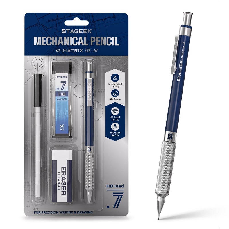STAGEEK 0.7 mm Mechanical Pencil, Metal Art & Drafting Pencil with Eraser and 60 HB Lead Refills, Professional Drawing Pencil for Artists, Students, School, Office, Writing, Sketching, Drafting(Blue) - Image 1